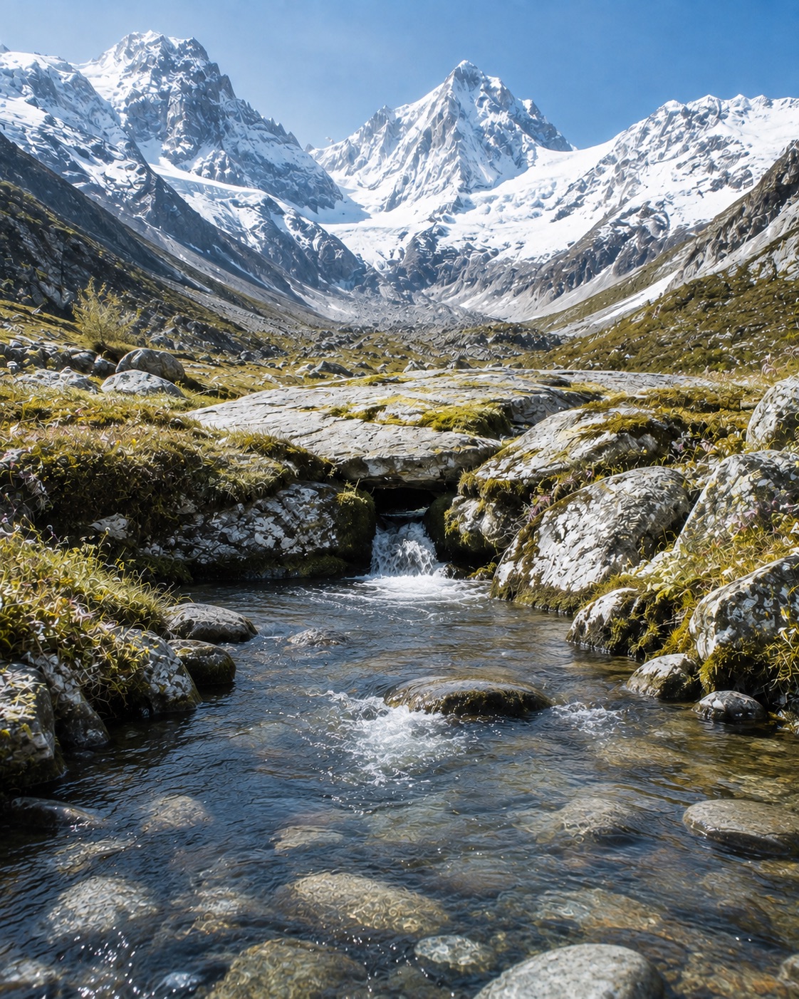 A Himalayan spring stream running over smooth stones